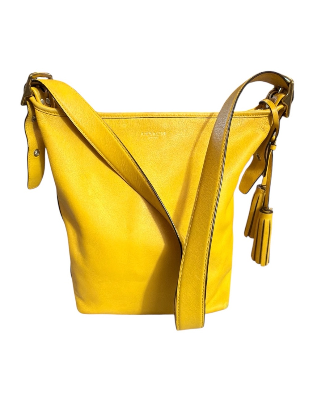 Coach Legacy Duffle hobo bag Mustard yellow leather w/gray fabric inside